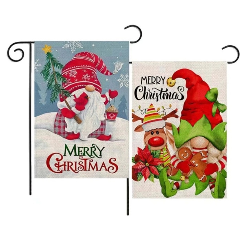 2 Merry Christmas Gnome Garden Flags 18x12